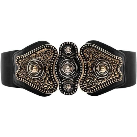 Retro Black & Bronze Chunky Metal Buckle Wide Waistbelt Stretchy Cincher‎ Belt
